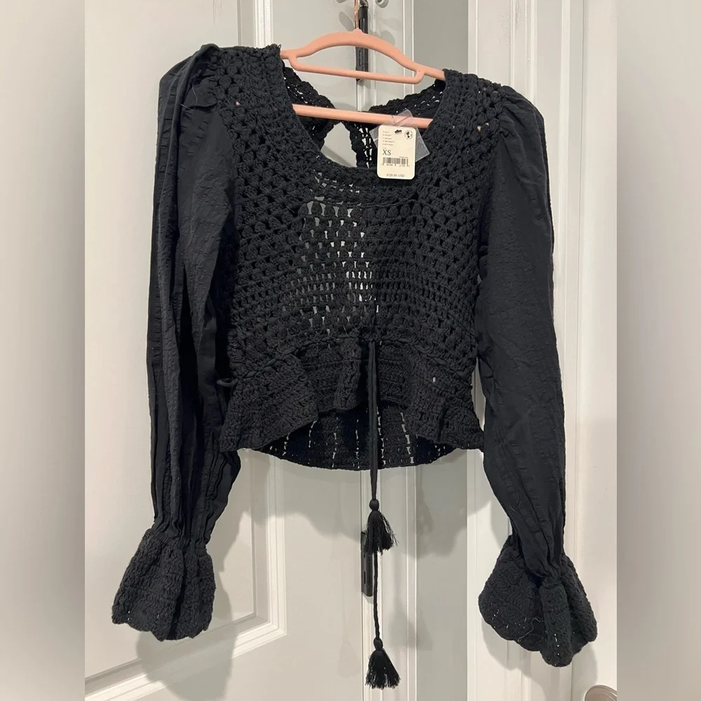 Free People Megan Crochet Top in Black Size XS NWT
